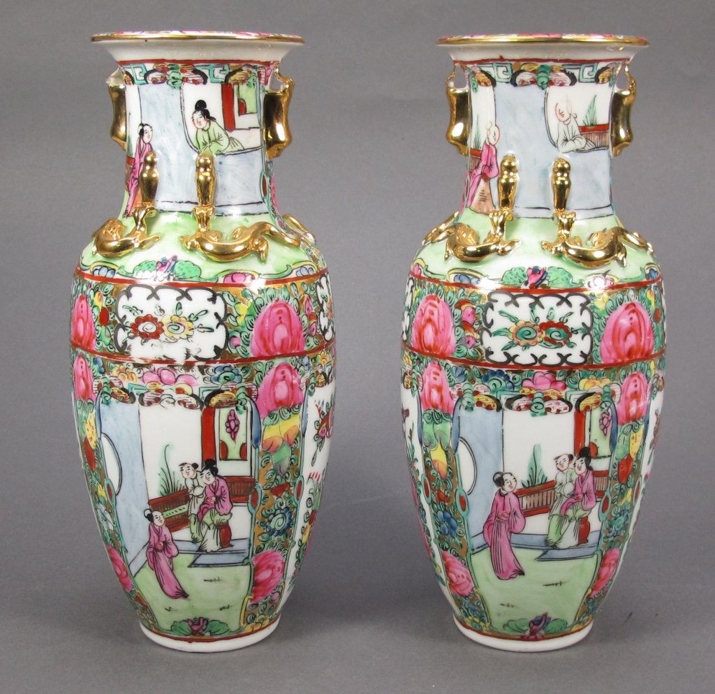 Pair of Japanese Rose Medallion Vases: Pair of Japanese Rose Medallion Vases, hand-painted with gilt, marked "Japanese Porcelain Ware / Decorated in Hong Kong", H.10-1/2"
