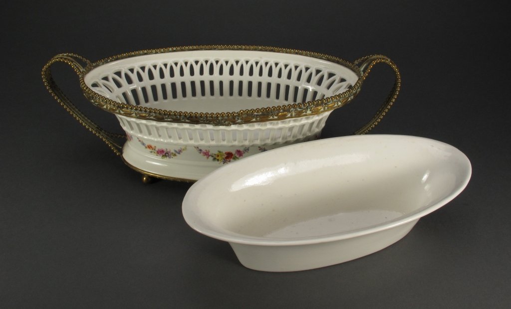 Roesler RVR Porcelain & Brass Tureen 2pc: Late 19th Century Hand-painted Roesler RVR Porcelain Reticulated Tureen with removable porcelain bowl and brass ormolu handles, produced by Max Roesler in Rodach, Bavaria, first mark RVR, H.5", 14" x