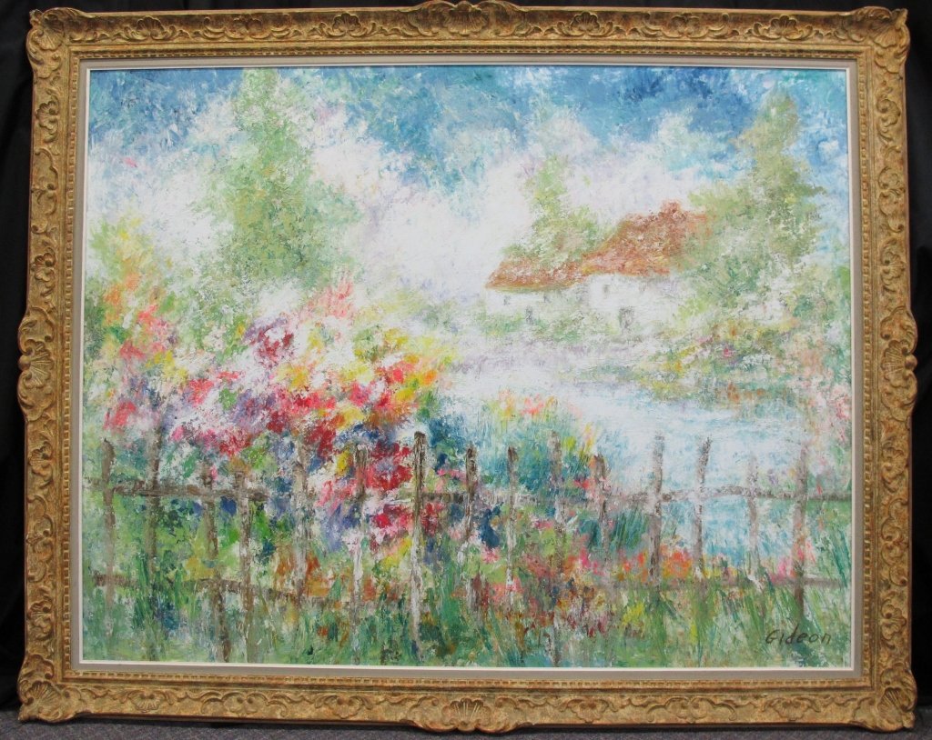 Oil on Canvas Painting by Gideon: Elmo Gideon (1924 - 2010), American, Abstract Cottage Scene, Signed LR, Oil on Canvas, 53" x 65", matted and framed