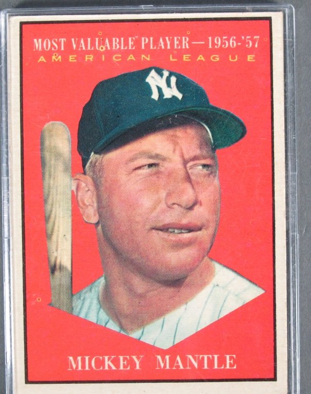 1961 Topps All-Star Mickey Mantle Baseball Card: 1961 Topps All-Star Mickey Mantle Baseball Card, "Most Valuable Player-1956-57", New York Yankees, in plastic container