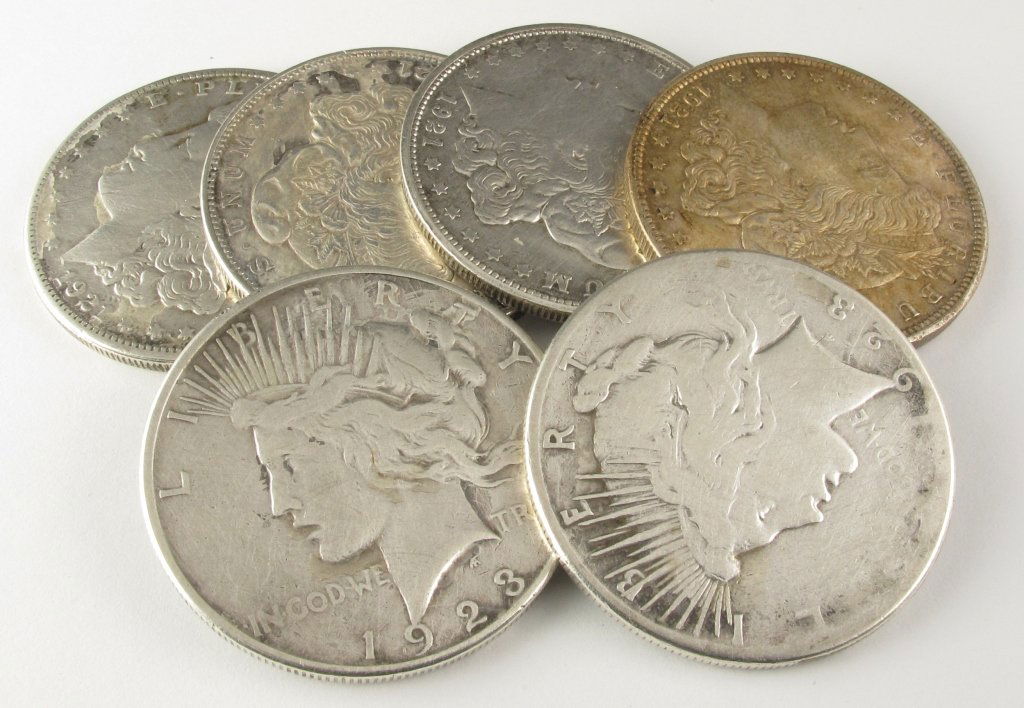 6 Silver $1 Dollars: 4 Morgans, 2 Peace: 6 Pieces Silver $1 Dollars: 4 1921 Morgan; 2 1923 Peace