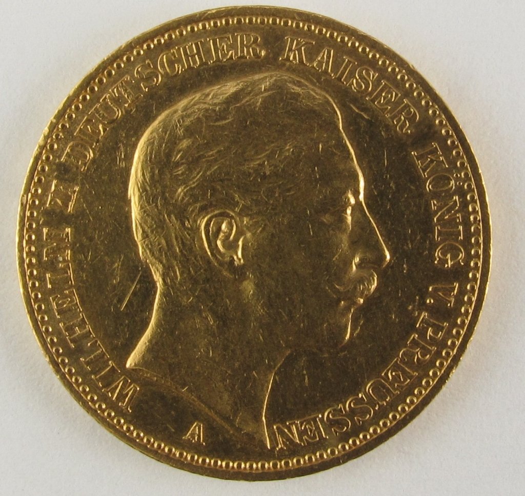 1895 PRUSSIA GERMANY 20 MARK GOLD COIN: 1895 PRUSSIA GERMANY 20 MARK GOLD COIN, on one side of this coin is the head of King Wilhelm II and reads Willheim II Deutscher Kaiser Konig V Preussen along with a letter "A" at the bottom, on the re