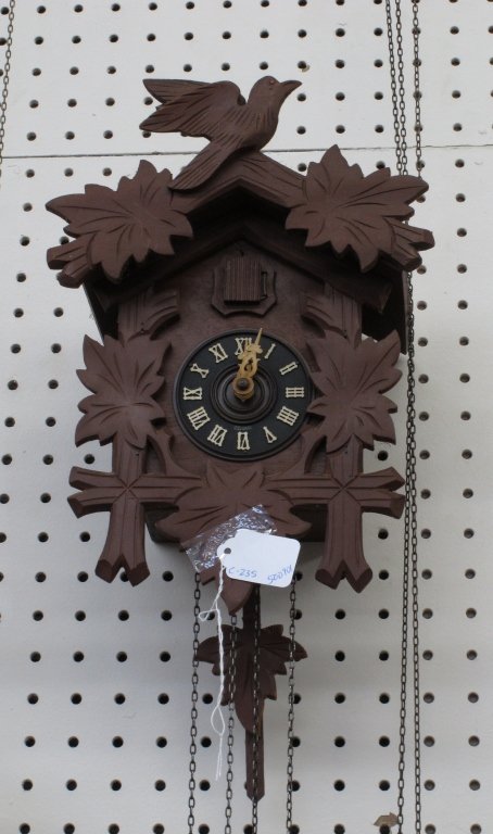German 2-Weight Cuckoo Wall Clock: German 2-Weight Cuckoo Wall Clock, bird and leaf motif, running, chiming, H. 12"
