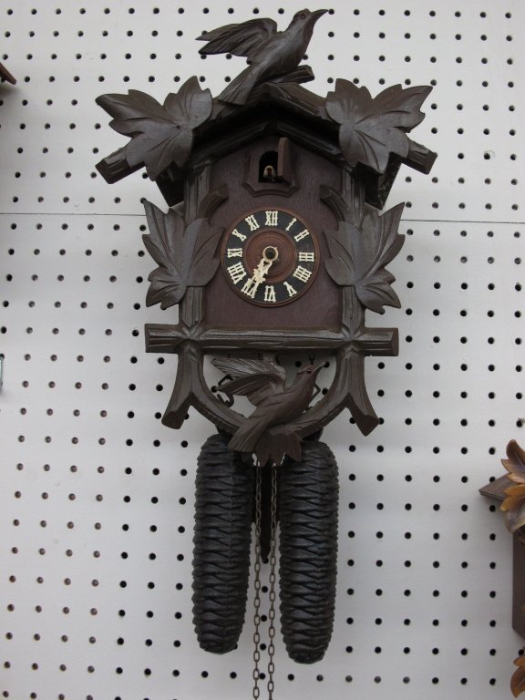 German 2-Weight Cuckoo Wall Clock: German 2-Weight Cuckoo Wall Clock, bird and leaf motif, running, chiming, H. 13-1/2"