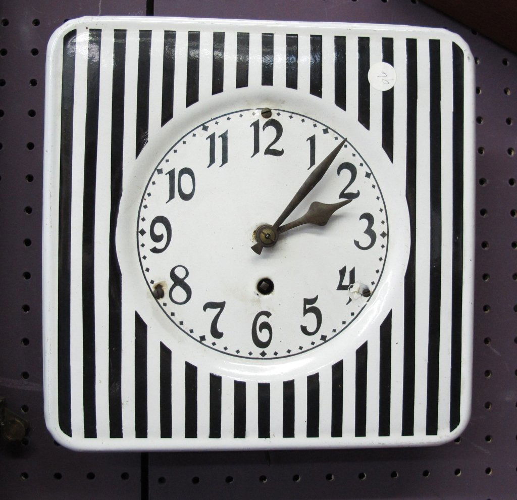 Porcelain German Wall Clock Bössenroth: Porcelain German Wall Clock Bössenroth, running, square porcelain clock with metal housing and short pendulum, back of housing is marked "G. B." over what appears to be a plow indicating either Gusta