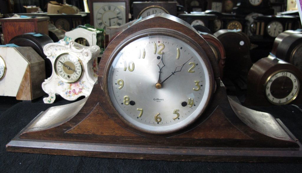 Tambour Style Mantel Clock by Gilbert, Model 1807: Tambour Style Mantel Clock by Gilbert, Model 1807, running, chiming, H. 9-1/4", W. 21", D. 5", Dial 6-1/2", no key