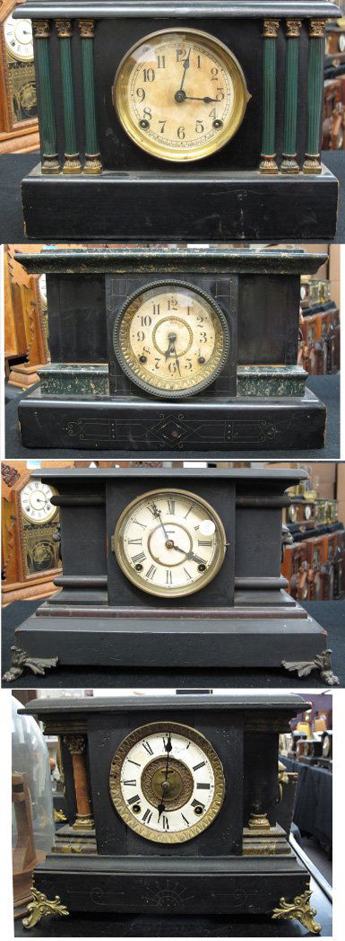4 Black Mantel Clocks, Not Running: 4 Black Mantel Clocks, Not Running: Sessions Black Mantel Clock, no pendulum, no key, H. 10-1/4", W. 13-1/2", D. 5-1/8", Dial 5-1/2"; Seth Thomas Black Mantel Clock, faux marble, appears to run but mi