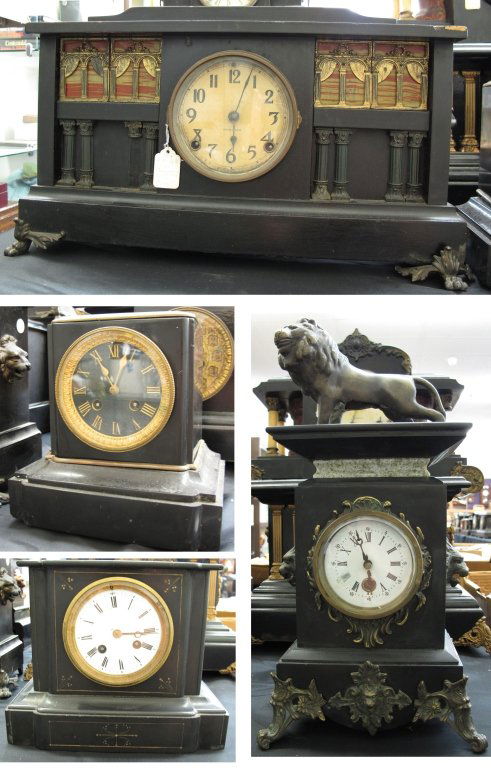 4 Mantel Clocks Not Running: 4 Mantel Clocks Not Running: Black Mantle Clock by Ingraham, H. 11", W. 20", D. 5-1/2", Dial 5-3/8"; Marble Mantel Clock, unknown maker, no pendulum, H. 8-1/4", W. 8-1/4", D. 5-1/2", Dial 4-1/8"; Blac