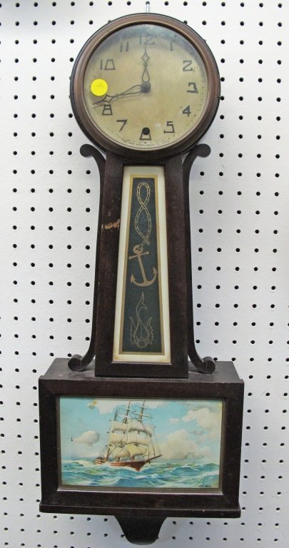 Banjo Clock by Newhaven Original: Banjo Clock by New Haven, Original, running, H. 24", W. 10", D. 4-1/8", Dial 6"