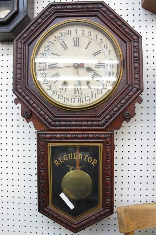 Long Drop Calendar Schoolhouse Clock New Haven: Long Drop Regulator Calendar Schoolhouse Clock by New Haven, running, chiming, H.33"