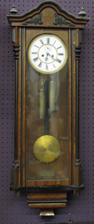 Antique Pendulum Wall Clock with Modern Mvmt: Antique Pendulum Wall Clock, plaque inside case is dated 1884 while the movement is believed to be more modern, running, chiming