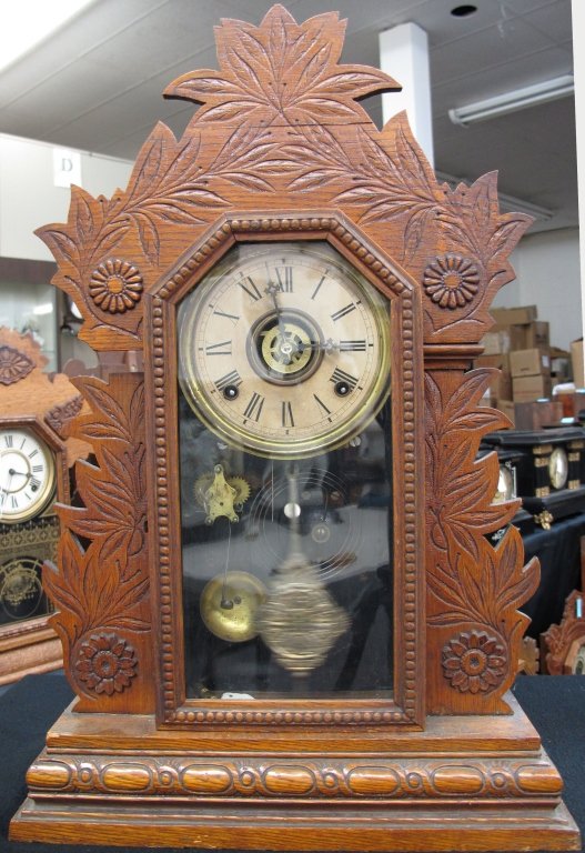 Kitchen Clock with Alarm by Gilbert: Kitchen Clock with Alarm by Gilbert, The Boston, 8-day, running, chiming, H. 23-1/2", W. 15-1/2", D. 5", Dial 6",