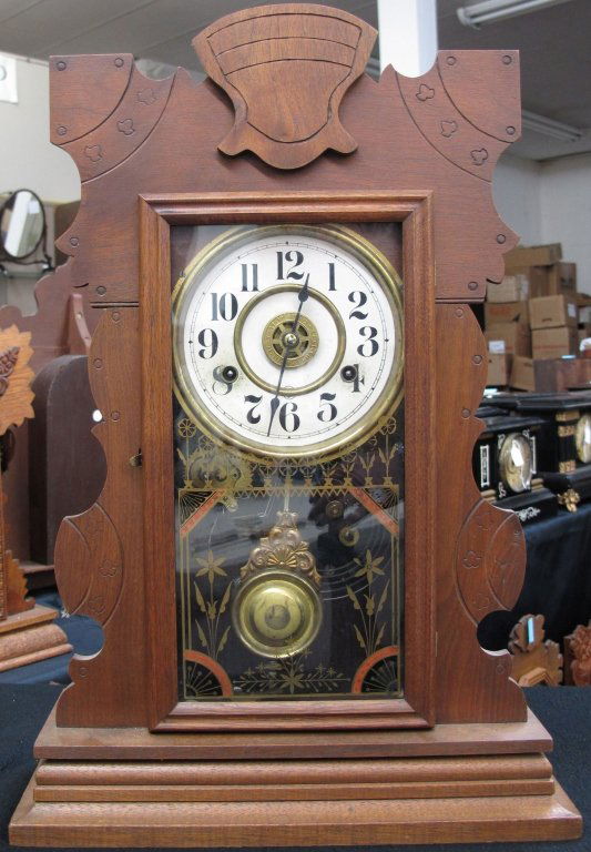 New Haven Kitchen Clock with Alarm: New Haven Kitchen Clock with Alarm, running, chiming, alarm bell missing, H. 21", W. 14-1/8", D. 4-1/2", Dial 6"