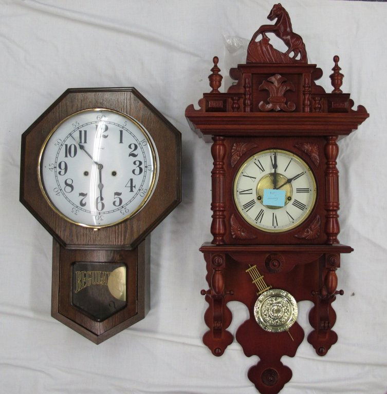 2 Pendulum Wall Clocks Not Running: 2 Pendulum Wall Clocks Not Running: Short Drop Regulator by Ridgeway, glass on bottom is broken, H. 24-3/4"; Pendulum Wall Clock with horse figure on top, H. 38"
