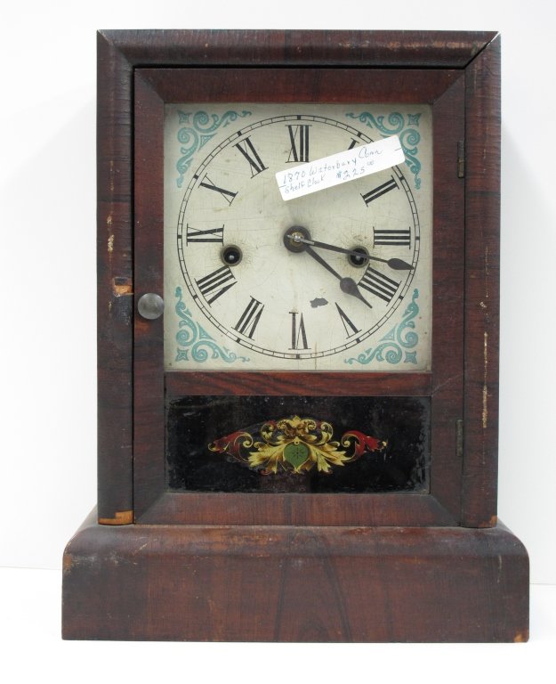 1870 Waterbury Shelf Clock: 1870 Waterbury Shelf Clock, running, chiming, H. 13-3/4", W. 9-3/4", D. 4-1/4", Dial 5-1/4"