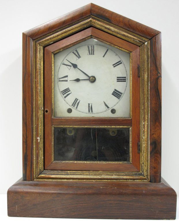 Seth Thomas Shelf Clock: Seth Thomas Shelf Clock, running, chiming, H. 15-1/2", W. 12", D. 4-5/8", Dial 5-1/4"