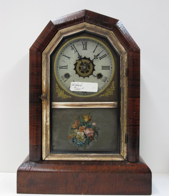 Gilbert Shelf Clock: Gilbert Shelf Clock, running, chiming, H. 15-3/4", W. 10-3/4", D. 4-5/8", Dial 4-1/2"