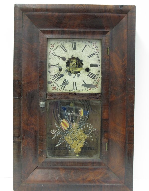 Shelf Clock by Waterbury: Shelf Clock by Waterbury, running, chiming, H. 19", W. 12", D. 3-5/8", Dial 5-1/4"