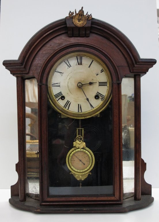 Shelf Clock by Ansonia: Shelf Clock by Ansonia, running, chiming, regulator in pendulum, H. 18-1/2", W. 14-3/4", D. 4-1/2", Dial 5-3/4"