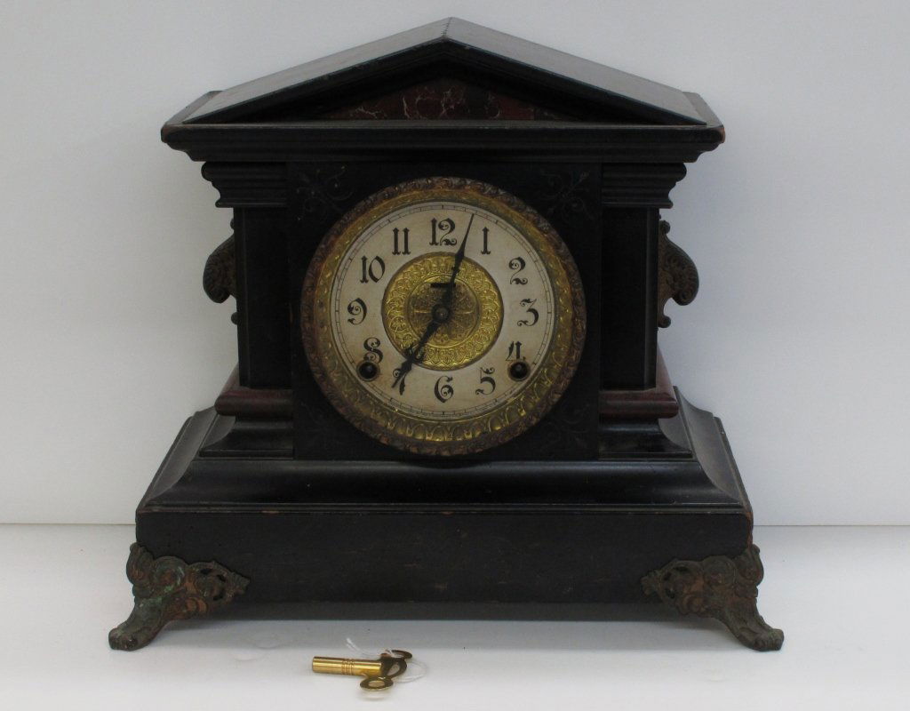 Black Mantle Clock by Ingraham: Black Mantle Clock by Ingraham, running, chiming, H. 12-3/8", W. 14-1/4", D. 7", Dial 5-1/2"
