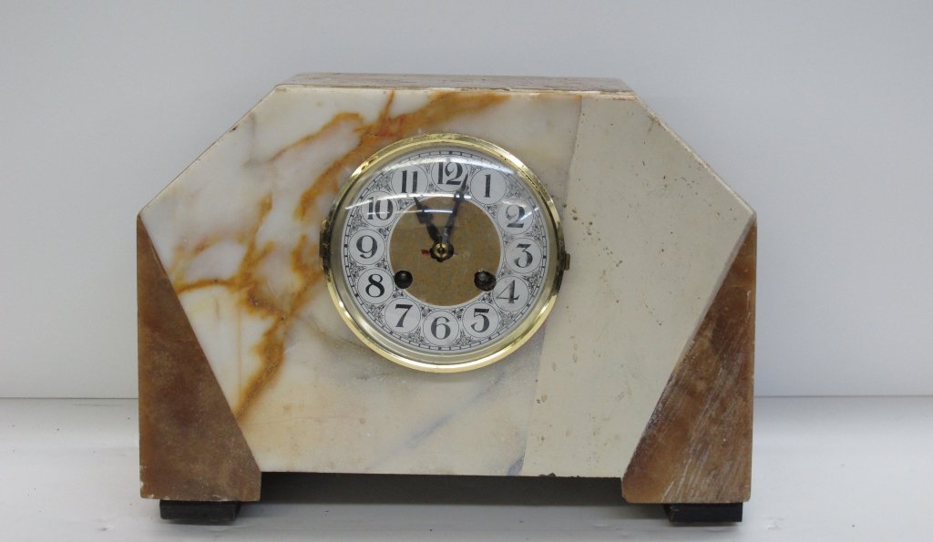 Marble Mantel Clock by Unknown Maker: Marble Mantel Clock by Unknown Maker, plaster body overlaid with marble slab, appears to run but missing back feet (making it off-level), chiming, H. 8-1/4", W. 11-5/8", D. 4-3/4", Dial 4-3/8", appear