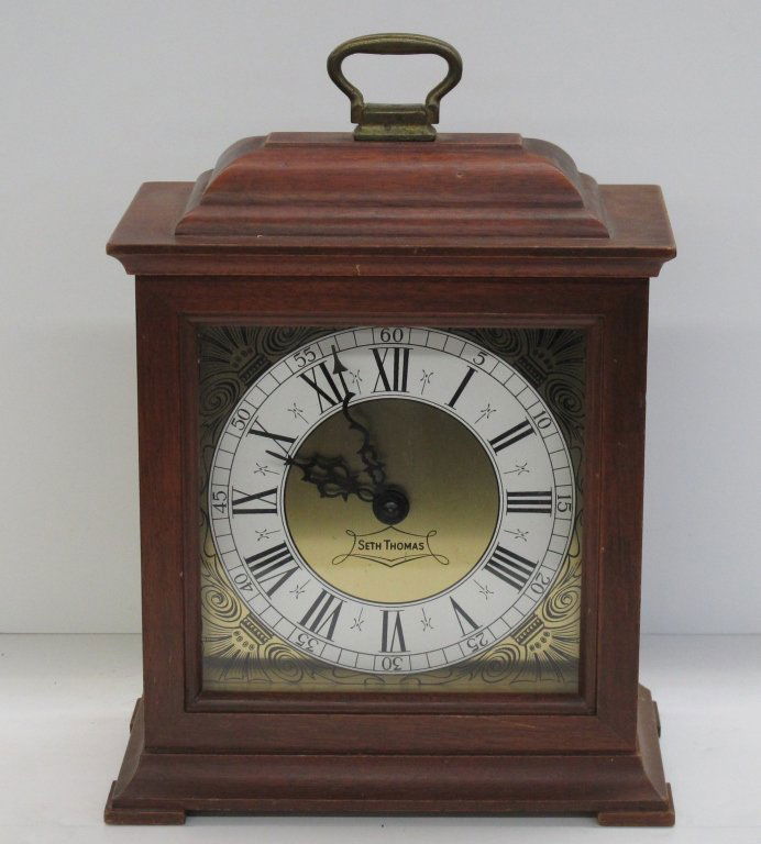 Bracket Clock by Seth Thomas 7 Jewel: Bracket Clock by Seth Thomas 7 Jewel, windup style, running, chiming, H. 10-1/2", W. 7-1/2", D. 4-1/8", Dial 5"