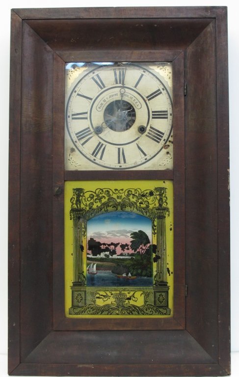 Weighted Ogee Clock by Chauncey Jerome: Weighted Ogee Clock by Chauncey Jerome, running, chiming, H. 25-3/4", W. 15-3/8", D. 4-3/8", Dial 7-3/4"