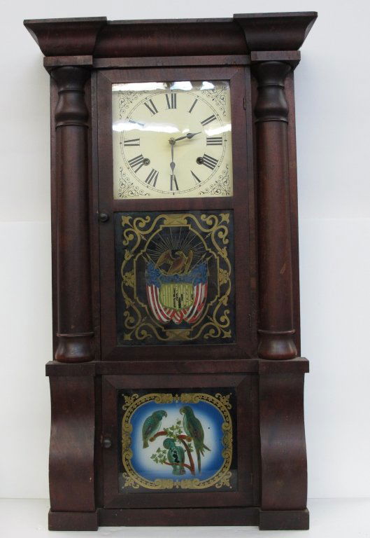 Weighted Column and Cornice Clock by Seth Thomas: Weighted 2-Door Column and Cornice Clock by Seth Thomas, movement kicks but will not stay running, not chiming, H. 32-1/2", W. 18-1/2", D. 5", Dial 6-7/8", paper dial