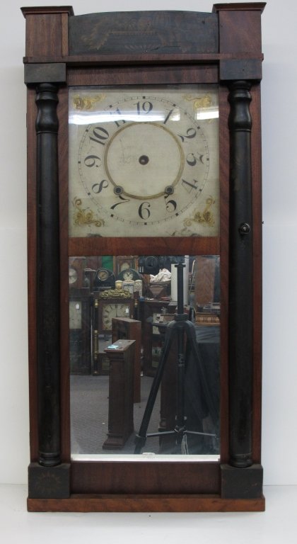 Jerome Darrow Weighted Wooden Works Parlor Clock: Jerome Darrow Weighted Wooden Works Parlor Clock, not running, H. 34-3/4", W. 16-3/4", D. 4-7/8", Dial 9", wooden dial, see pictures for more detail