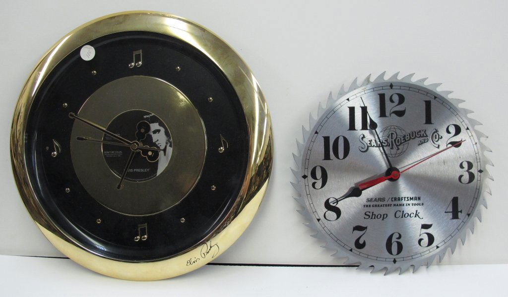 2 Novelty Clocks, Elvis, Saw Blade: 2 Novelty Clocks, Elvis, Saw Blade: Elvis Novelty Clock, running, Dia. 13-1/2", Dial 11", music plays on the hour; Sears Roebuck and Co. Novelty Saw Blade Clock, running, Dia. 10"