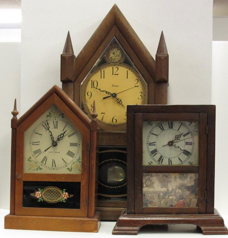 3 Quartz Movement Clocks: 3 Quartz Movement Clocks: Quartz Steeple Clock by Seth Thomas, missing pendulum, not running, H. 14", D. 4-3/4"; Quartz Steeple clock by Robertshaw, not running, H. 23-3/4", D. 4-7/8"; Quartz Shelf Cl