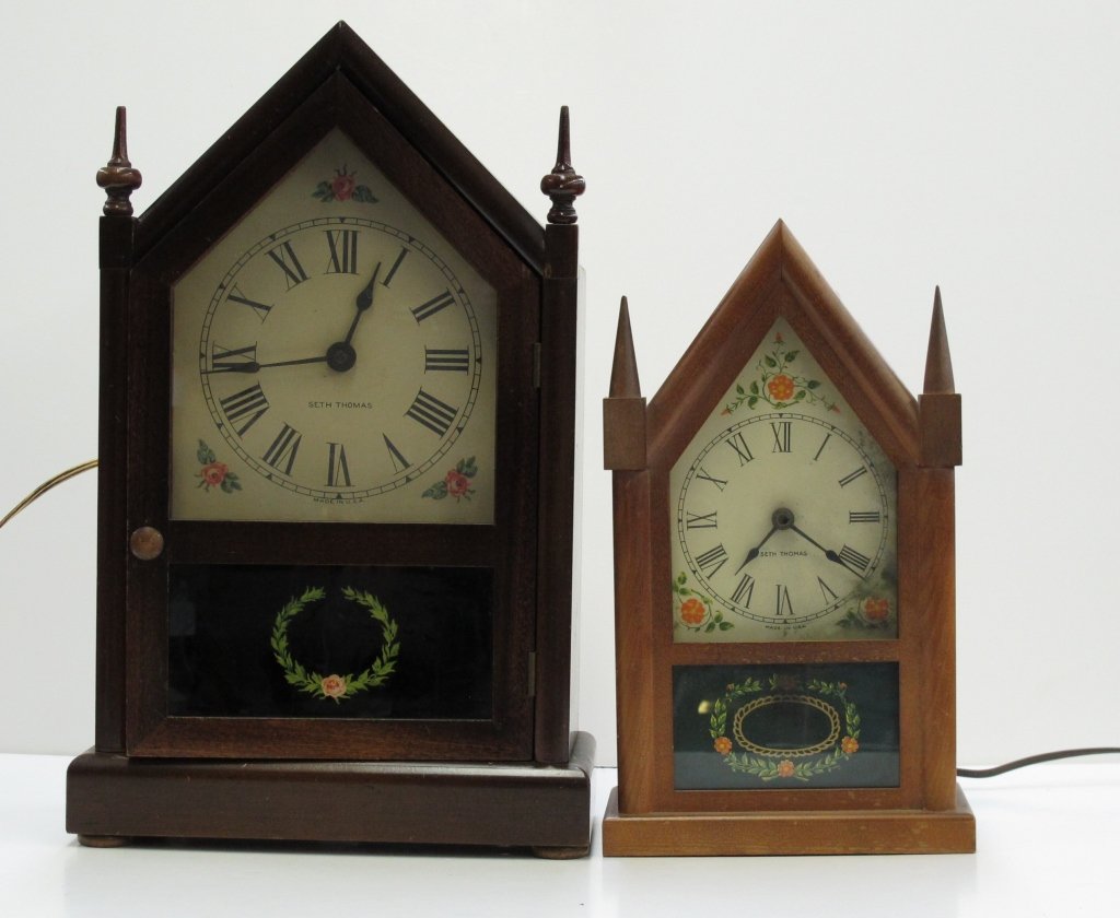 2 Electric Steeple Clocks by Seth Thomas: 2 Electric Steeple Clocks by Seth Thomas: Seth Thomas Electric Steeple Clock with chime, H. 14-1/2" D. 4-3/4", running, chiming; Seth Thomas Electric Steeple Clock, electric, not running, H. 11-1/8",