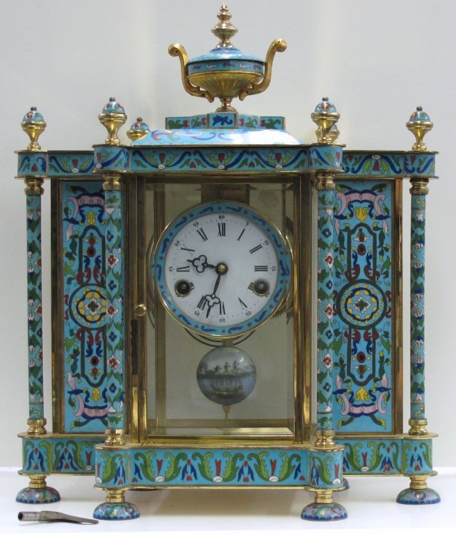 Cloisonné Enamel Shelf Clock: Cloisonné Clock Singapore, running, chiming, H. 18", W. 15", D. 8-1/2", Dial 4-3/4", made in Singapore