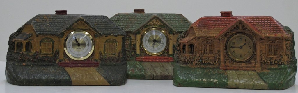 3 Windup Figural Bungalow Clocks: 3 Windup Figural Bungalow Clocks, 2 Movements are by Mercedes, one is unknown, all are running, all are H. 6", W. 10", all are marked "The Deluxe Clock & Mfg Co."