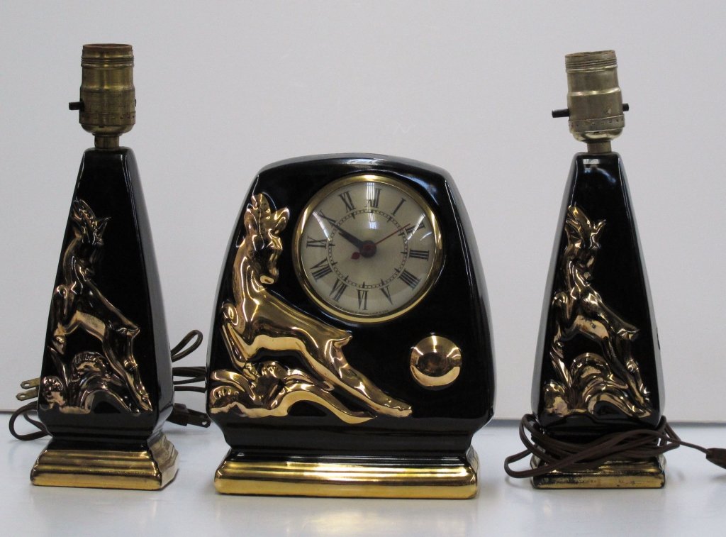 Clock by Sessions with Matching Lamps: Clock by Sessions with Matching Lamps, running, clock H. 8-1/4", lamp H. 10-1/2", no shades, deer motif on clock and base of lamps