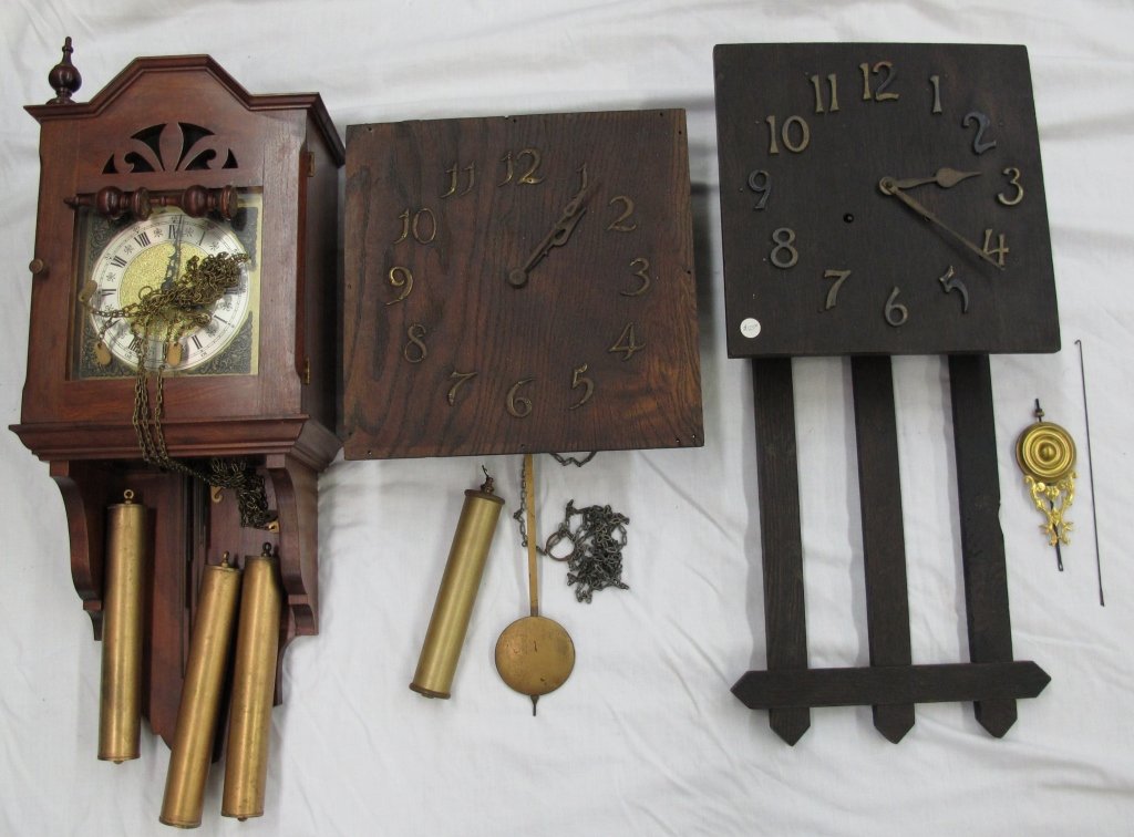3 Wall Clocks Not Running: 3 Wall Clocks Not Running: 3-weight Wall Clock, H. 29-1/2"; Mission Style Wall Clock, H. 13-1/2" square; Mission Wall Clock, H. 27-1/2"