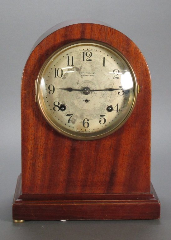 Seth Thomas 5-Bell Sonora Chime Mantel Clock: Seth Thomas 5-Bell Sonora Chime Mantel Clock, running, chimes every quarter hour, Westminster Chimes, H. 13-1/2", W. 10", D. 7-3/4", Dial 6-1/2"