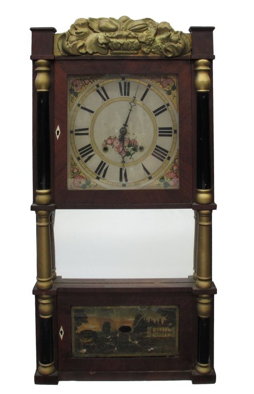 Eli Terry Wooden Works Weighted Parlor Clock: Eli Terry Wooden Works Weighted Parlor Clock, 2-door, writing on back of top door in pencil "Jan. 14, 1847" with other nondescript writing, writing on back of bottom door in pencil "B Perham" with var