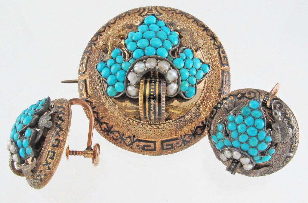 CA 1860 14K Turquoise Seed Pearl Brooch/Earrings: Lady's Victorian Matching Brooch/Earring Set, circa 1860, seed pearls and turquoise, black enameling, dia. brooch 35 mm, dia. screwback earrings 17 mm, 12.2 dwt