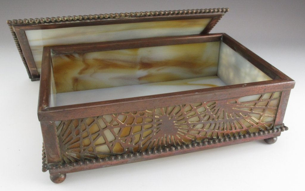 Tiffany Bronze Slag Glass Stamp Box Pine Needle: Tiffany Studios Bronze Slag Glass Stamp Box Pine Needle Pattern; early 1900's, caramel colored slag glass, ball feet, marked "Tiffany Studios New York" on bottom, glass is in good condition with no cr