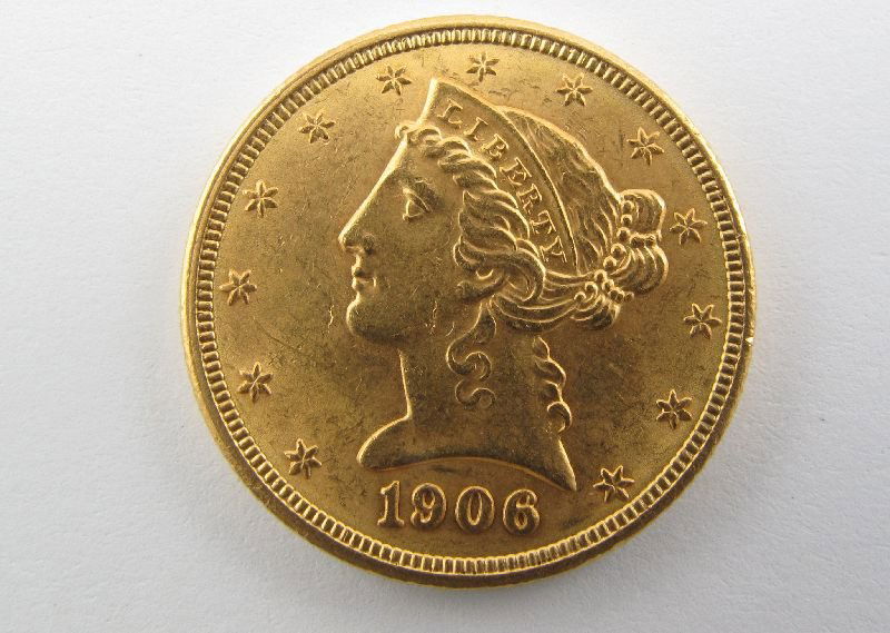 1906 $5 Five Dollar Liberty Half Eagle Gold Coin: 1906 US $5 Five Dollar Liberty Half Eagle Gold Coin