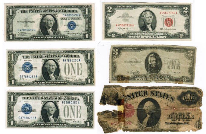 Assortment of U.S. Paper Money, Silver Certificate: Assortment of U.S. Paper Money, Silver Certificates: 3 Pieces $1 One Silver Dollar Certificates; $2 Two Dollar bill with red seal; 1917 Series $1 One Dollar Bill very tattered