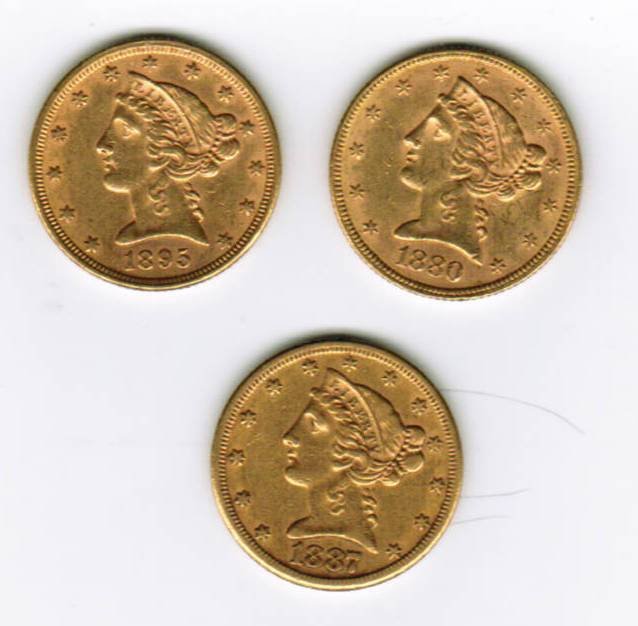 3 Pieces U.S. $5 Five Dollar Coronet Gold Coins, 1: 3 Pieces U.S. $5 Five Dollar Coronet Gold Coins, 1880, 1895, 1887