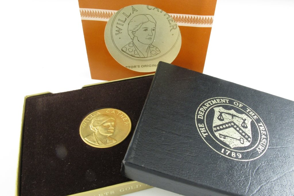 One 1981 Amer. Arts Commemorative .5 oz Gold Coin: One 1981 American Arts Commemorative half-ounce gold medallion in original box, Willa Cather Commemorative