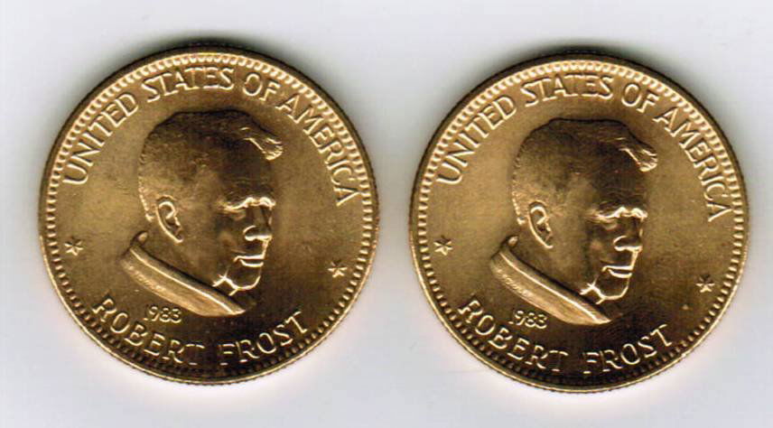 Two 1983 Robert Frost American Arts Commemorative: Two 1983 Robert Frost American Arts Commemorative 1 oz Gold Coins