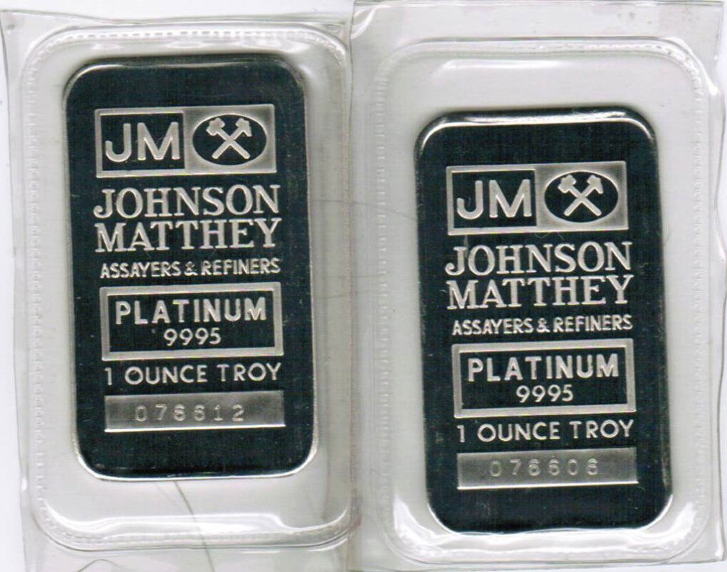 Two 1-Toz Platinum Bars: Two 1-Toz Platinum Bars, both marked Johnson Matthey Assayers & Refiners, ser 076606 and 076612