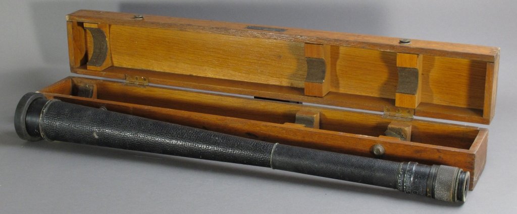 WWII Fee and Stemwedel Spyglass in Fitted Case: WWII Fee and Stemwedel Spyglass, stamped near eyepiece-end of spyglass "U.S. Navy", "BU Ships", "QM 16-Power", "MK I NO 2944", "1940", L. 30-3/4", in Fitted Case bearing tag which says "Fee and Stemwe