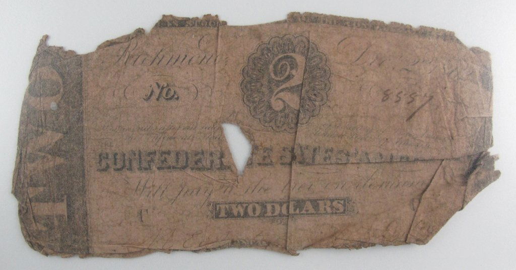 CSA Paper Money Two Dollars $2: The Confederate States of America Paper Money, $2 Two Dollar Bill, Richmond, Dec 2nd, 1862, tattered with tear in the center of the bill
