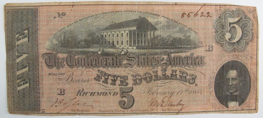 CSA Paper Money Five Dollars $5: The Confederate States of America Paper Money, $5 Five Dollar Bill, Richmond, February 17, 1864, No. 55622