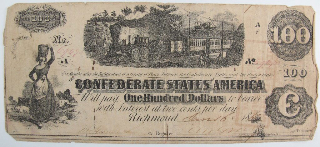 CSA Paper Money One Hundred Dollars $100: The Confederate States of American Paper Money, $100 One Hundred Dollar Bill, Richmond, Jan 16, 186?